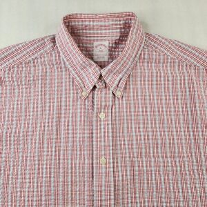 Brooks Brothers Seersucker‎ Shirt Mens XL Red White Short Sleeve Button Down 346